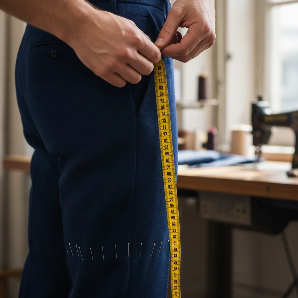 Tailor measuring trouser inseam for alterations