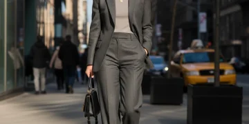Woman in perfectly tailored blazer and trousers exuding high-end style