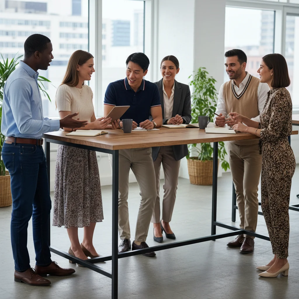 Colleagues in a modern office wearing tailored dark-wash jeans and other business casual attire.
