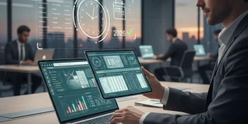 Person efficiently managing tasks on a tablet and laptop, symbolizing effective task batching for productivity.