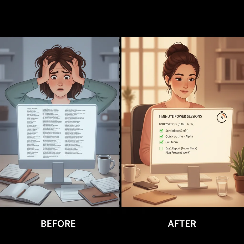 Visual comparison of a cluttered, overwhelming to-do list versus a simplified, accomplished list after applying the 5-minute rule