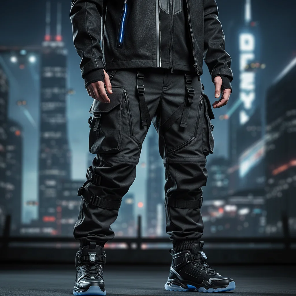 Detailed view of techwear outfit, showcasing functional pockets, waterproof fabric, and high-tech sneakers in an urban environment.