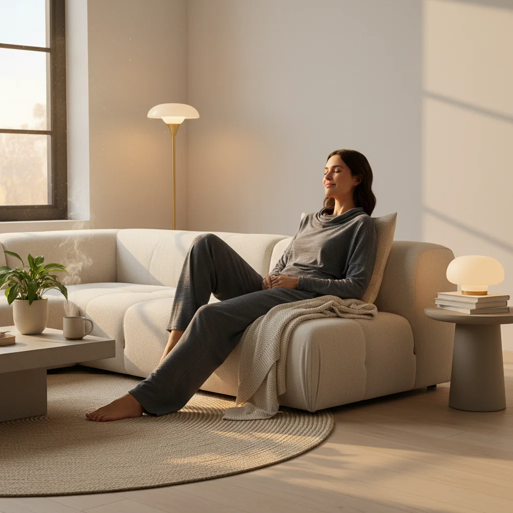 Individual in cozy, temperature-regulating loungewear relaxing at home, emphasizing comfort and luxury.