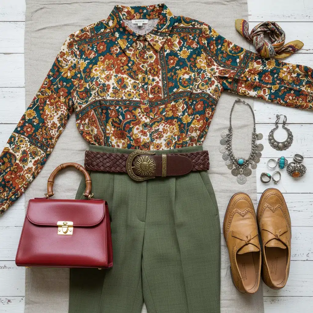 Flat lay of a complete stylish outfit created entirely from thrift store clothing and accessories.
