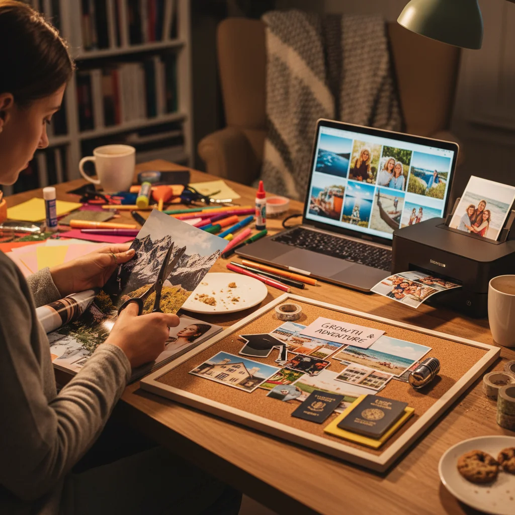 Person creating a vision board, cutting and pasting images for goal setting