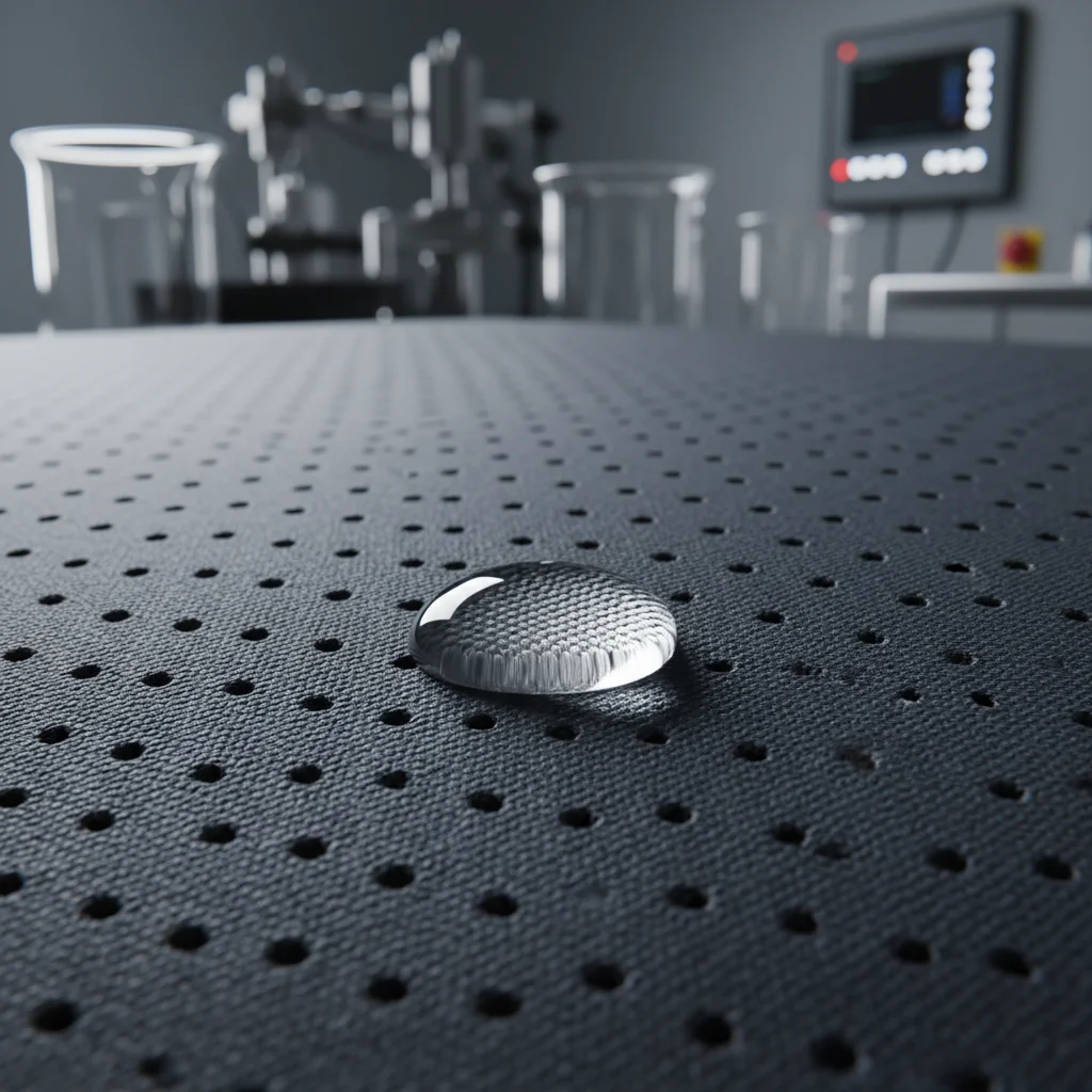 Detailed view of advanced moisture-wicking fabric with water beading on its surface, highlighting its technical properties.