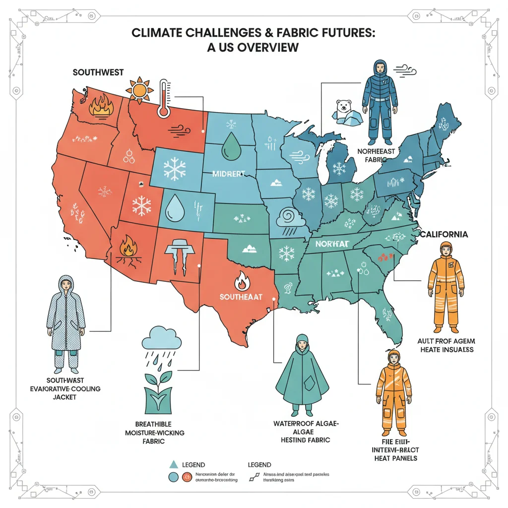 US map illustrating regional climate challenges and corresponding fabric recommendations.