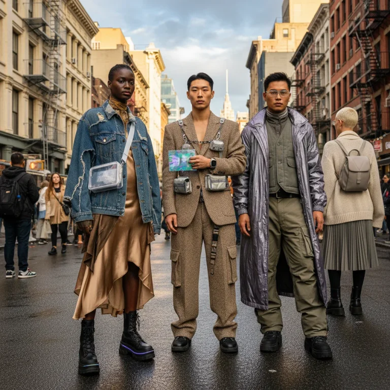 Diverse individuals displaying emerging fashion micro-trends on a vibrant New York City street