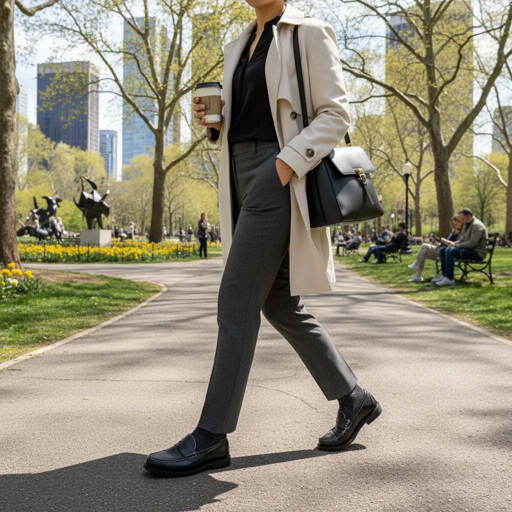 Stylish black loafers worn by a person walking, demonstrating versatility and chic appeal.