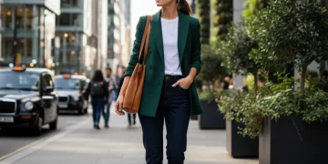 Woman in versatile blazer, white tee, jeans, and sneakers walking in city