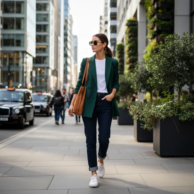 Woman in versatile blazer, white tee, jeans, and sneakers walking in city