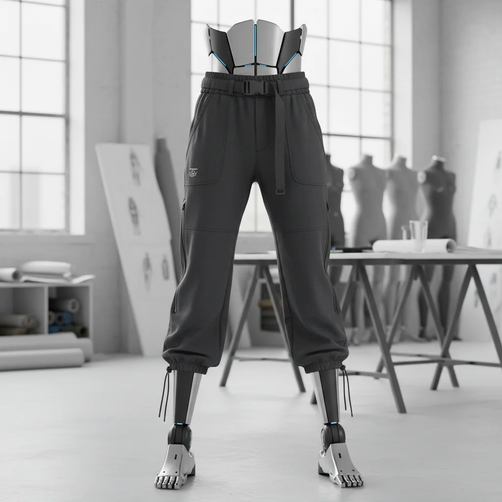 Versatile gender-neutral jacket on an adjustable mannequin showcasing adaptable design.