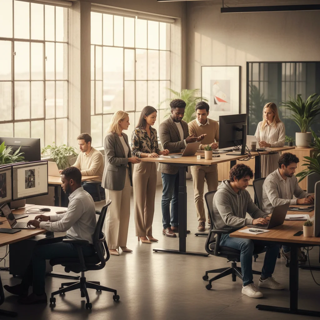 Diverse professionals showcasing versatile hybrid work outfits in modern office
