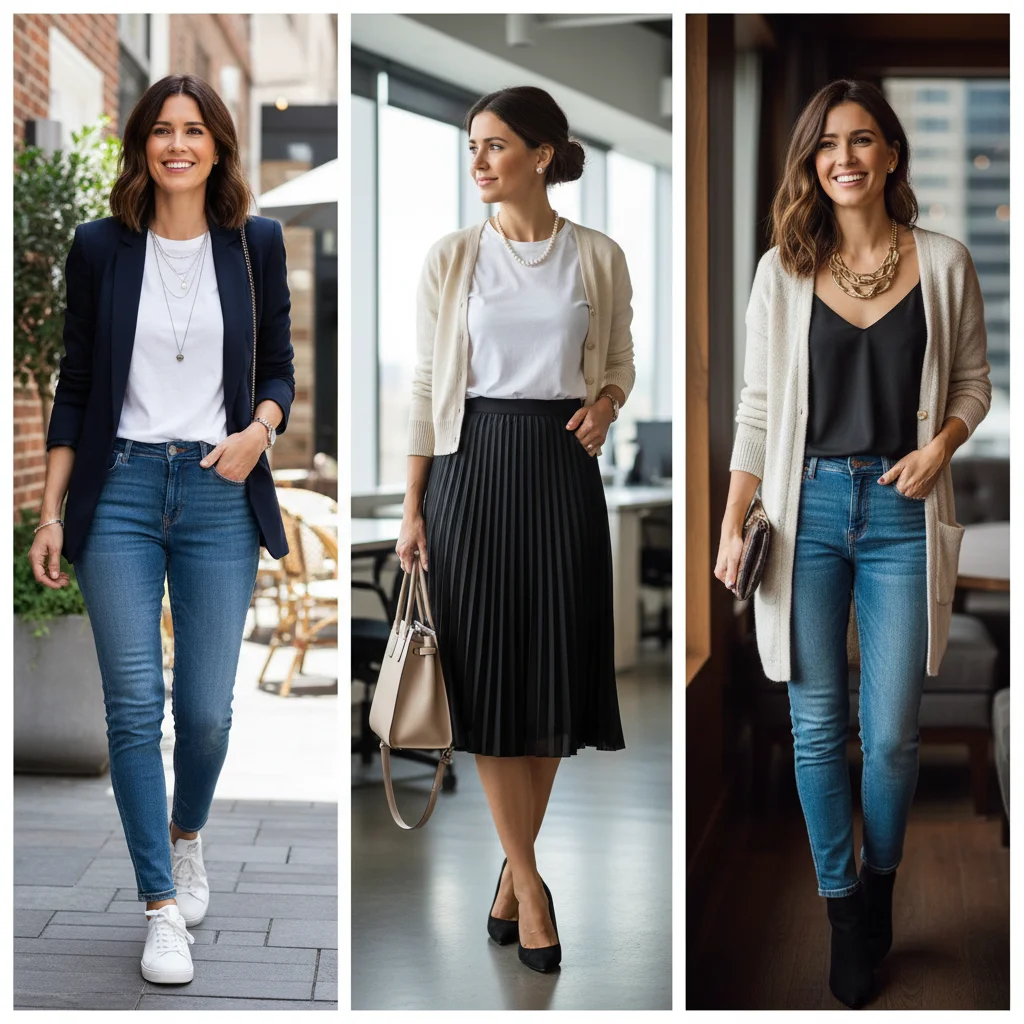 Three diverse outfits created from five basic clothing items