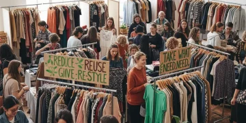People happily participating in a vibrant clothing swap event, exchanging clothes and fostering community.