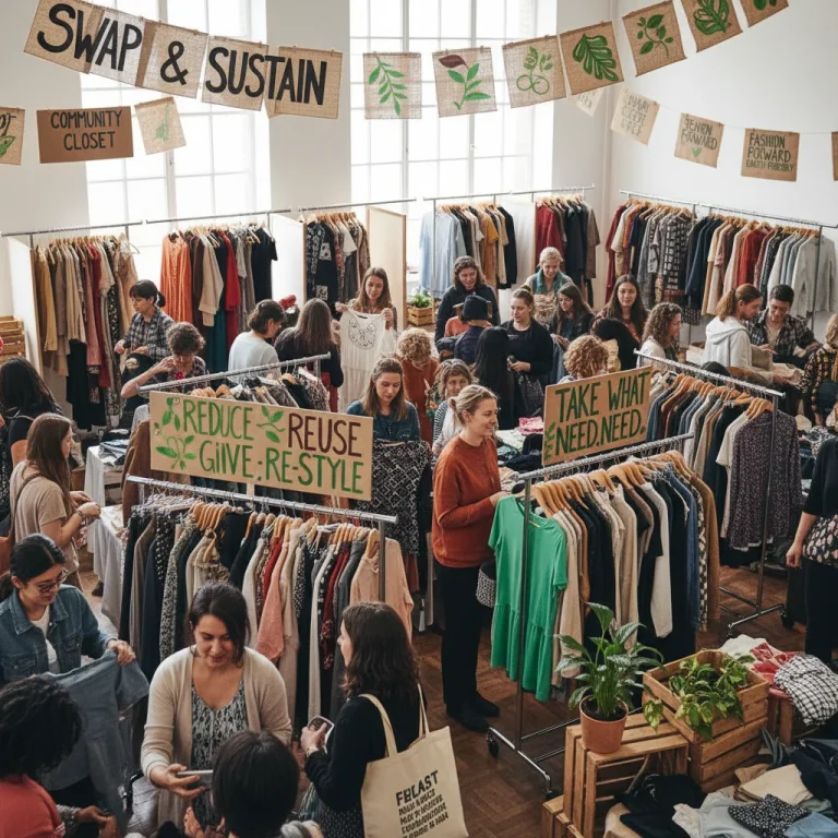 People happily participating in a vibrant clothing swap event, exchanging clothes and fostering community.