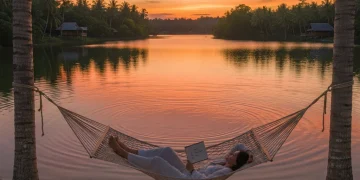 Person relaxing in hammock by lake at sunset, notebook nearby, symbolizing weekend recharge and planning.