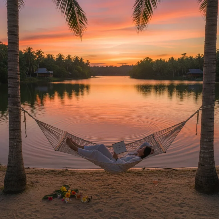Person relaxing in hammock by lake at sunset, notebook nearby, symbolizing weekend recharge and planning.
