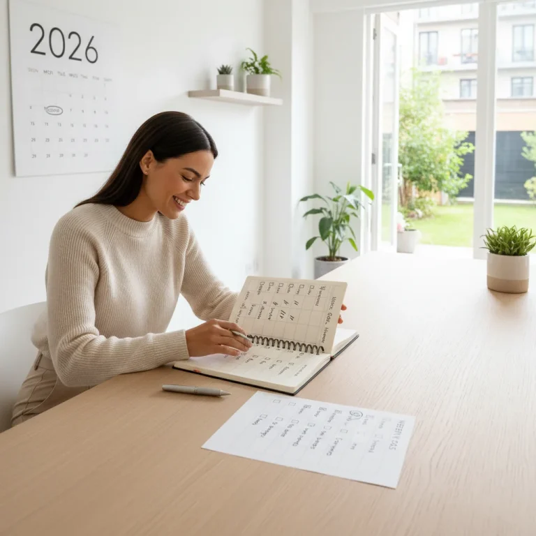 Woman organizing her weekly reset routine for a productive 2026