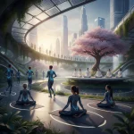 People in modern wellness wear performing yoga and light exercise in a park at sunrise, showcasing advanced fabric technology.