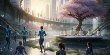People in modern wellness wear performing yoga and light exercise in a park at sunrise, showcasing advanced fabric technology.