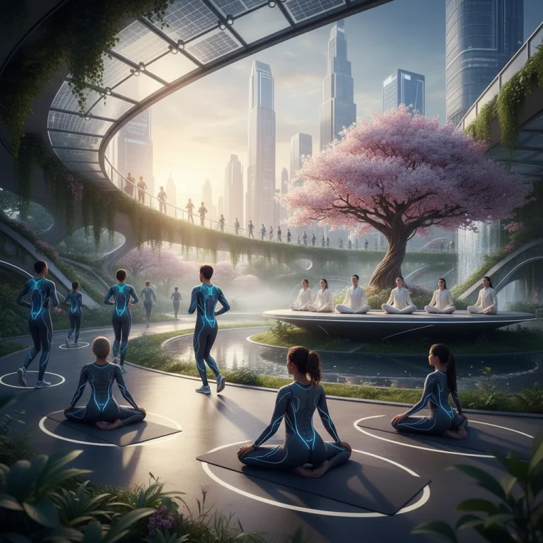 People in modern wellness wear performing yoga and light exercise in a park at sunrise, showcasing advanced fabric technology.