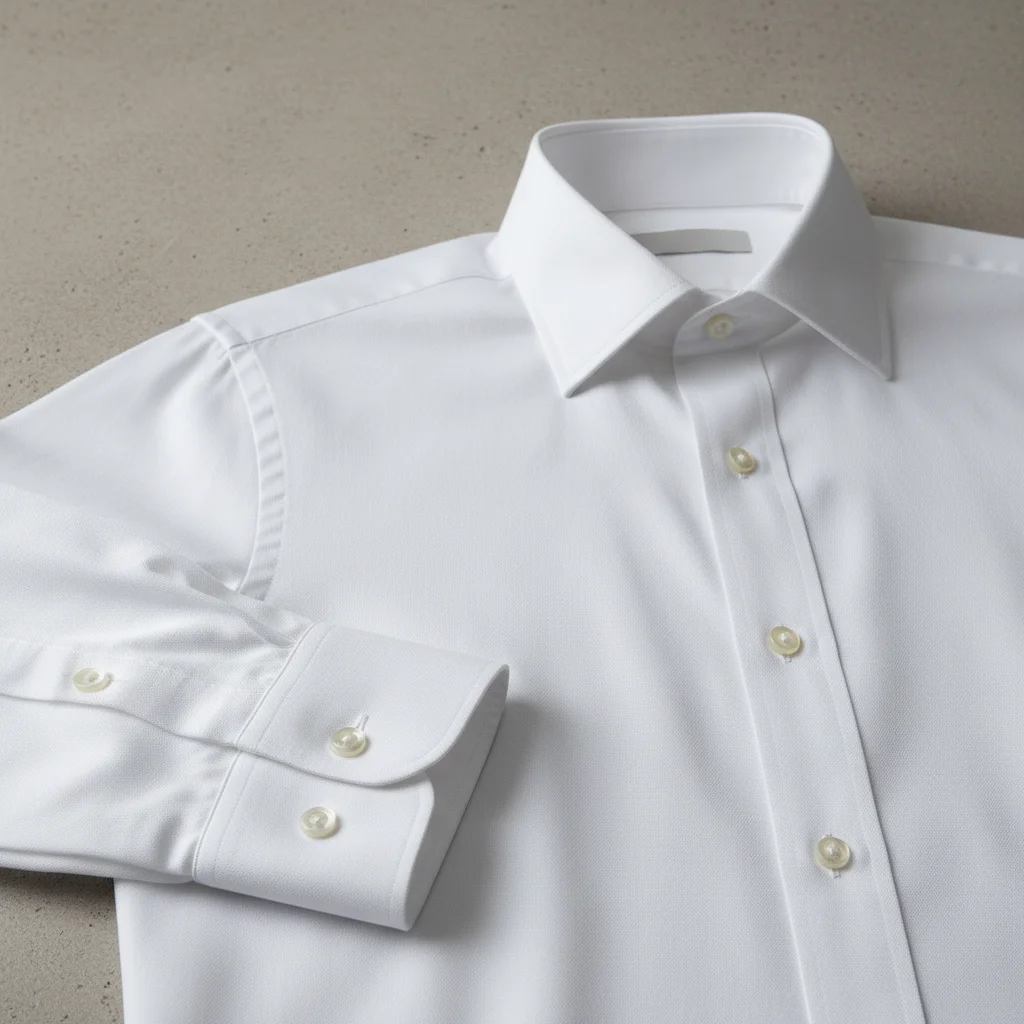 Crisp white tailored button-down shirt, high quality fabric