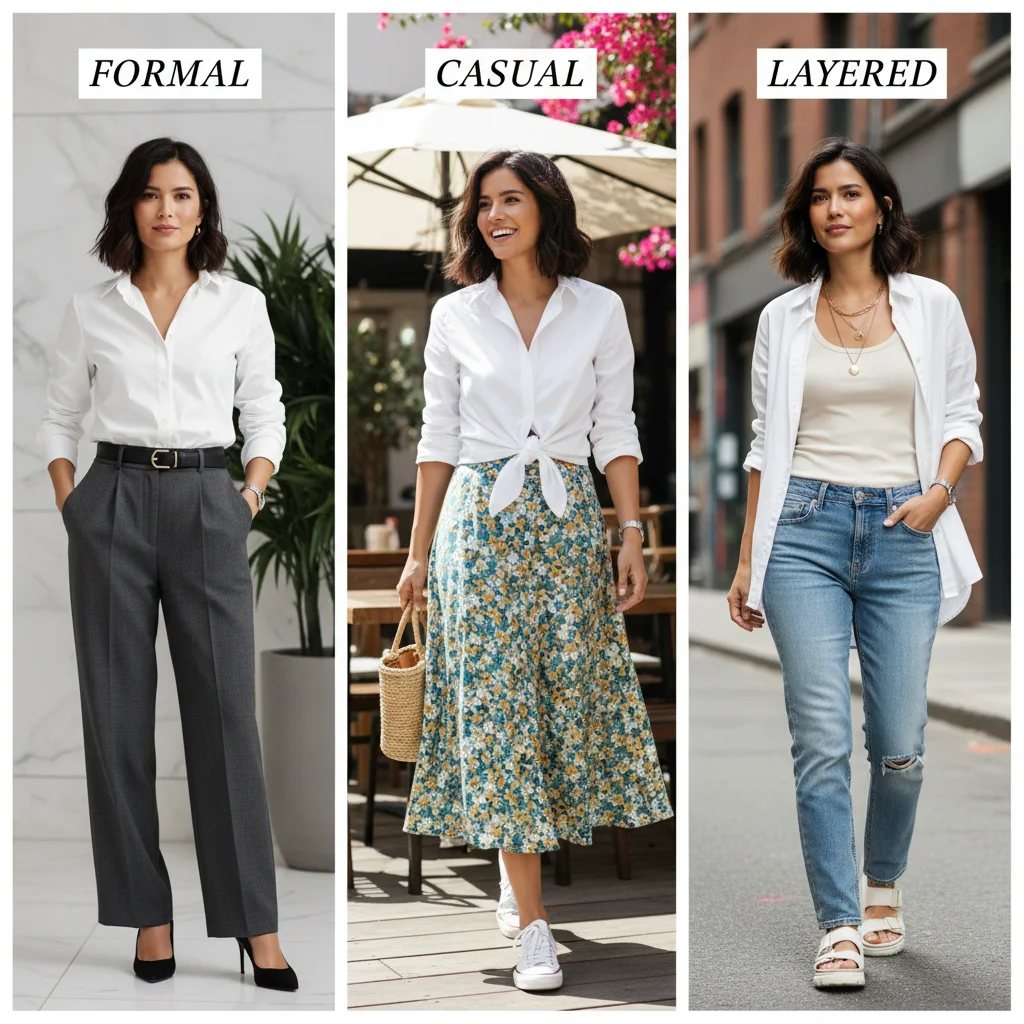 Multiple styling options for a classic white button-down shirt: formal, casual, layered