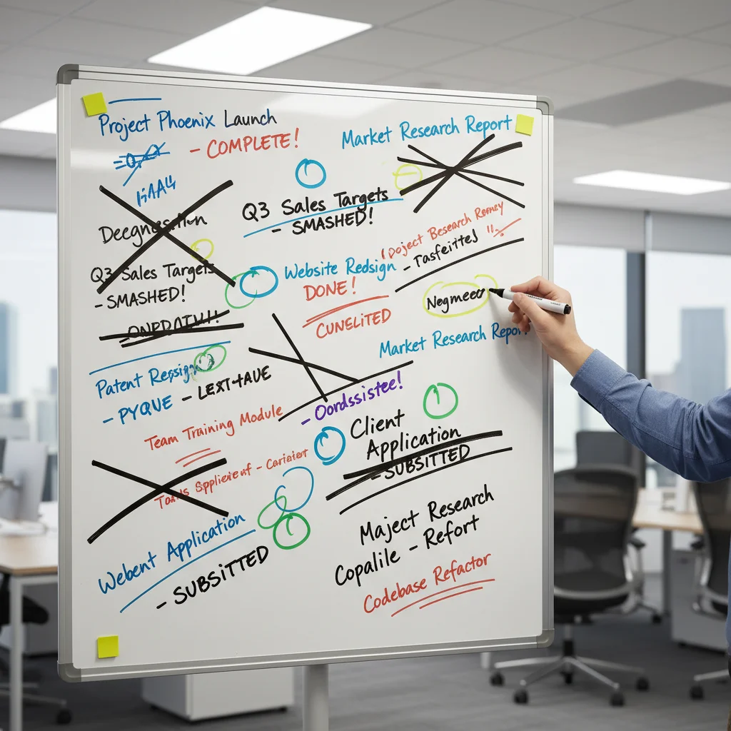 Whiteboard displaying completed tasks and achievements for a 'done list'