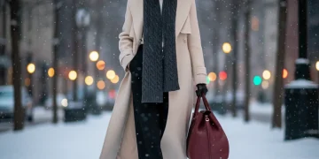 Stylish woman in layered winter outfit on snowy city street