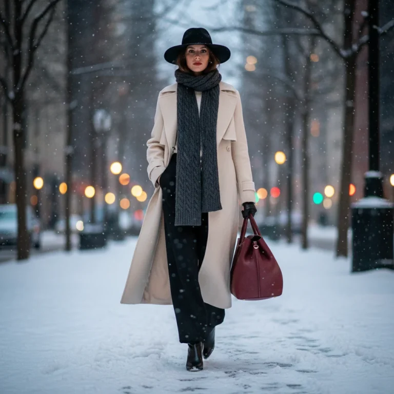 Stylish woman in layered winter outfit on snowy city street