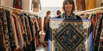 Woman happily browsing for unique garments in a vibrant thrift store, holding up a colorful scarf.
