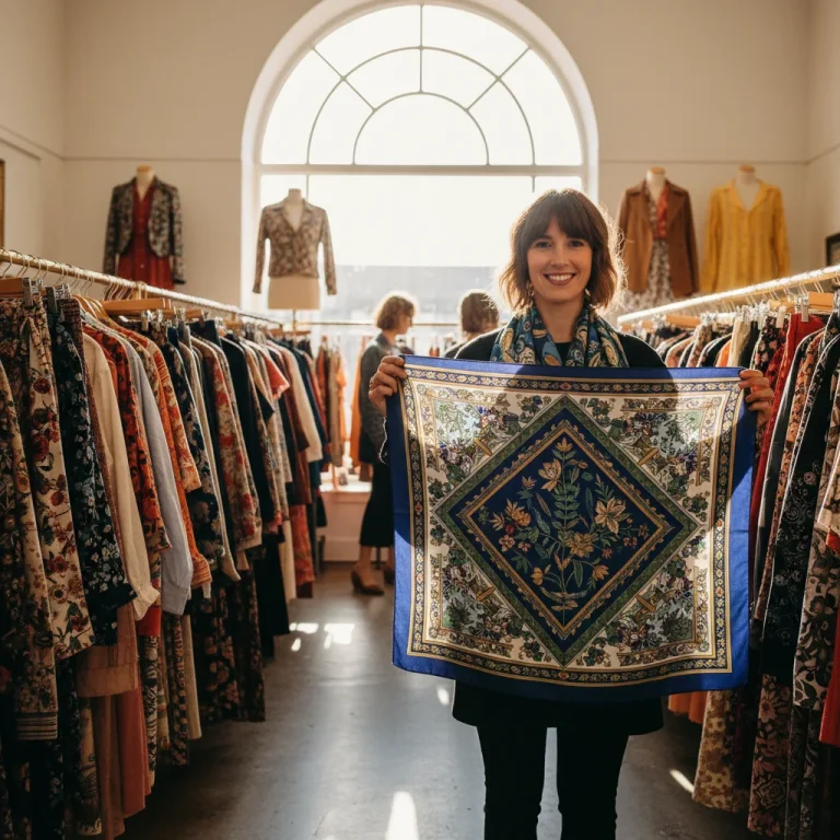 Woman happily browsing for unique garments in a vibrant thrift store, holding up a colorful scarf.
