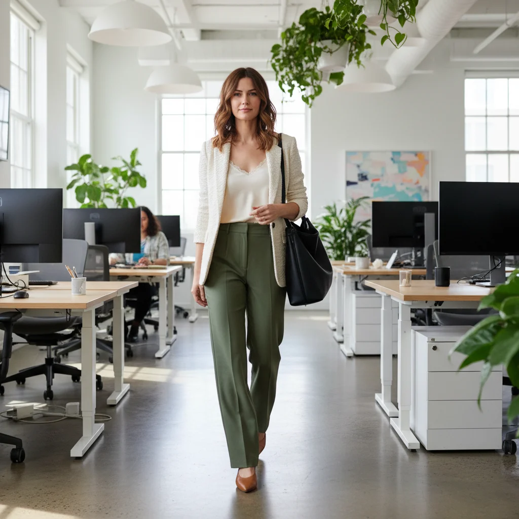 Woman in a cream knit blazer, silk camisole, and wide-leg trousers in a modern office, representing smart casual womenswear.