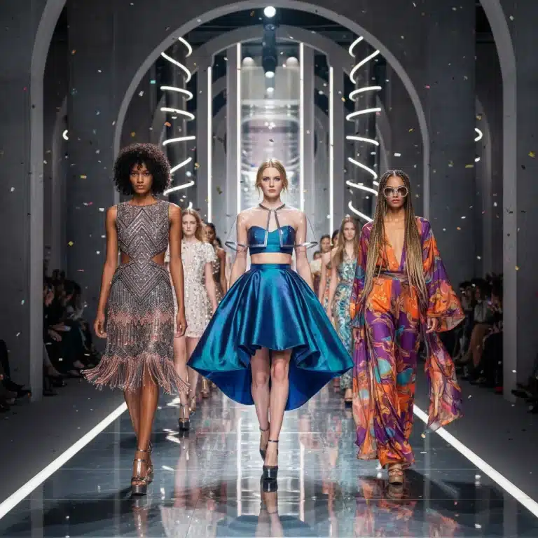 Models on a runway displaying reimagined vintage fashion silhouettes for 2026, blending classic styles with modern twists.