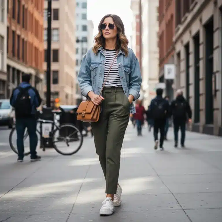 Woman in budget-friendly trendy outfit, city street fashion