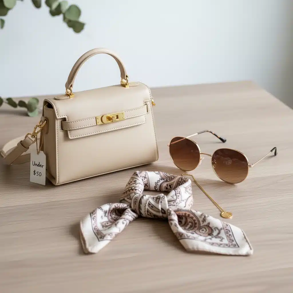 Stylish mini handbag, sunglasses, and silk scarf for under 