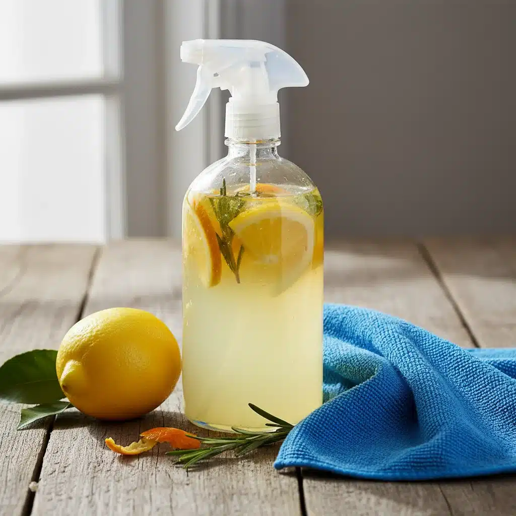 Homemade citrus cleaning spray bottle with lemon and microfiber cloth.