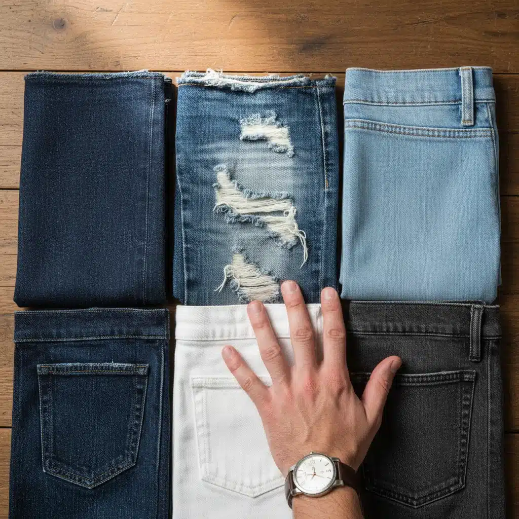Variety of denim fabric textures and washes, showcasing quality and different styles for perfect jeans fit.