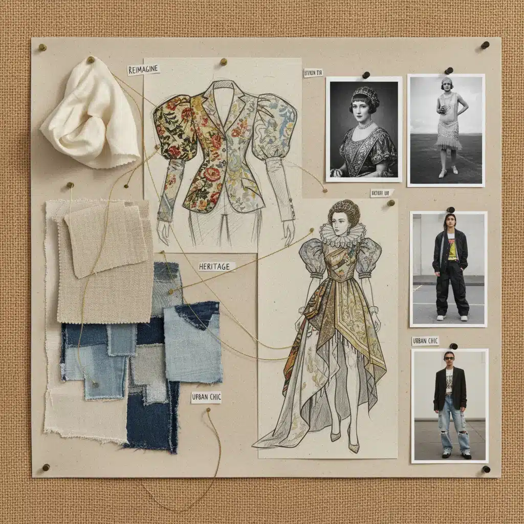 Designer's mood board illustrating the creative process of blending vintage fabrics and historical fashion with contemporary design elements.