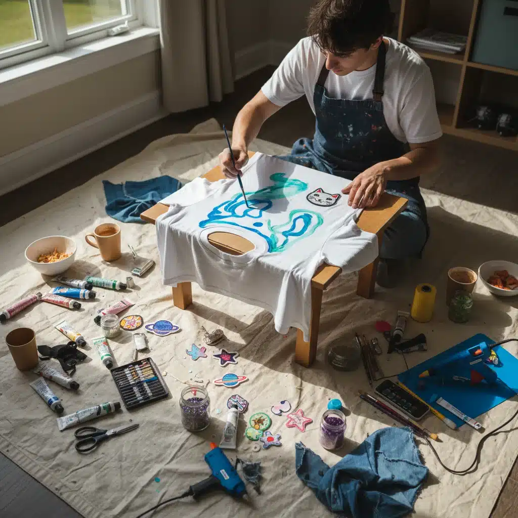 Person DIY customizing t-shirt with fabric paint and patches