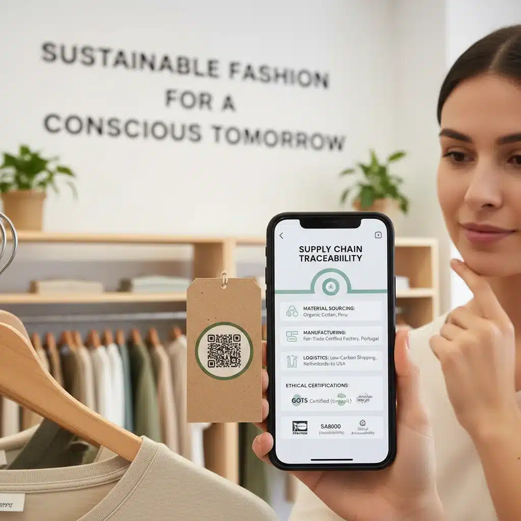 Consumer scanning QR code for clothing transparency in a store