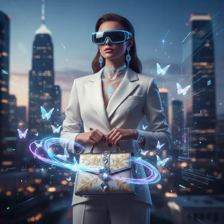 Futuristic woman showcasing metaverse-integrated accessories