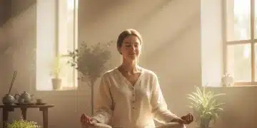 Person meditating peacefully in a sunlit room for stress reduction