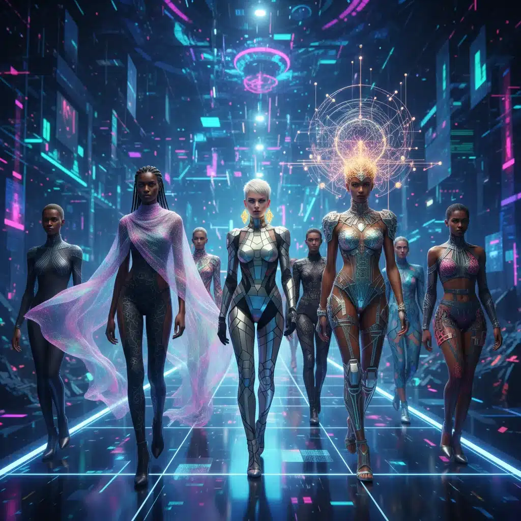 Diverse avatars displaying customizable digital accessories in a metaverse fashion show