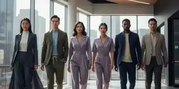 Modern professionals in updated, stylish workwear walking in a contemporary office setting.