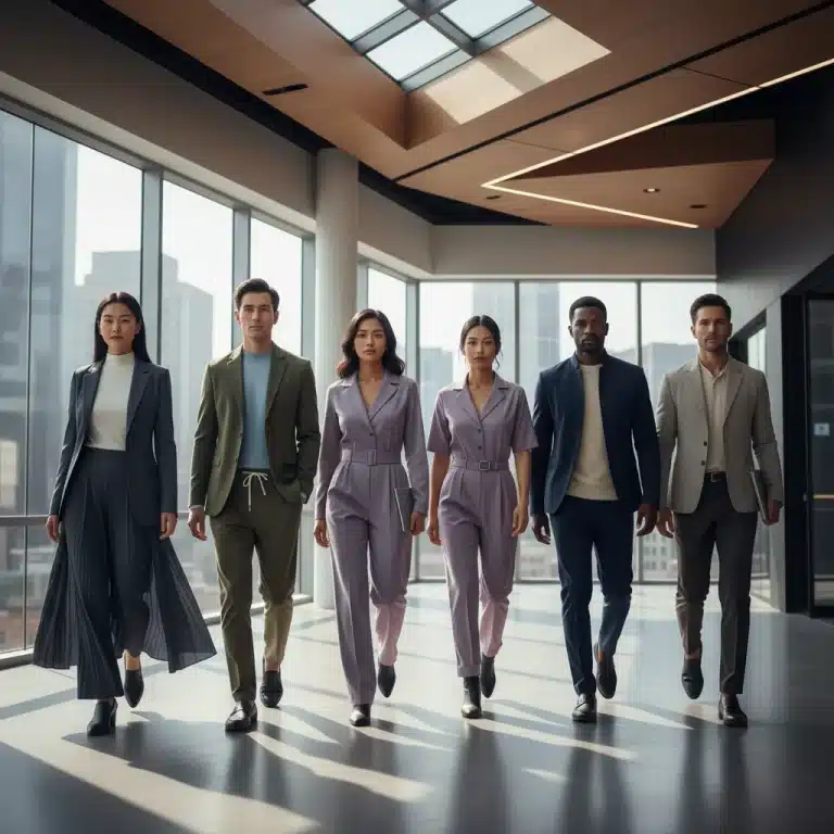 Modern professionals in updated, stylish workwear walking in a contemporary office setting.