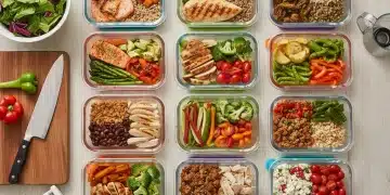Overhead view of a perfectly organized meal prep station with colorful containers and fresh ingredients