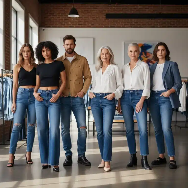 Diverse individuals modeling various perfect jeans fits and styles in a modern retail environment.