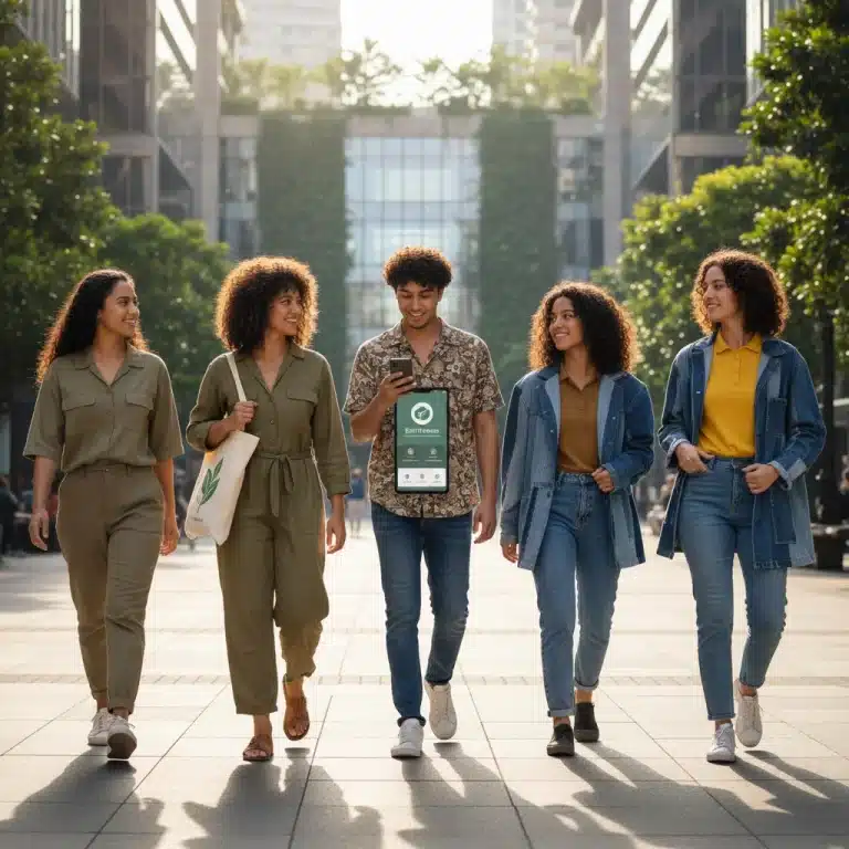 Sustainable fashion enthusiasts showcasing eco-friendly clothing in a modern urban environment.